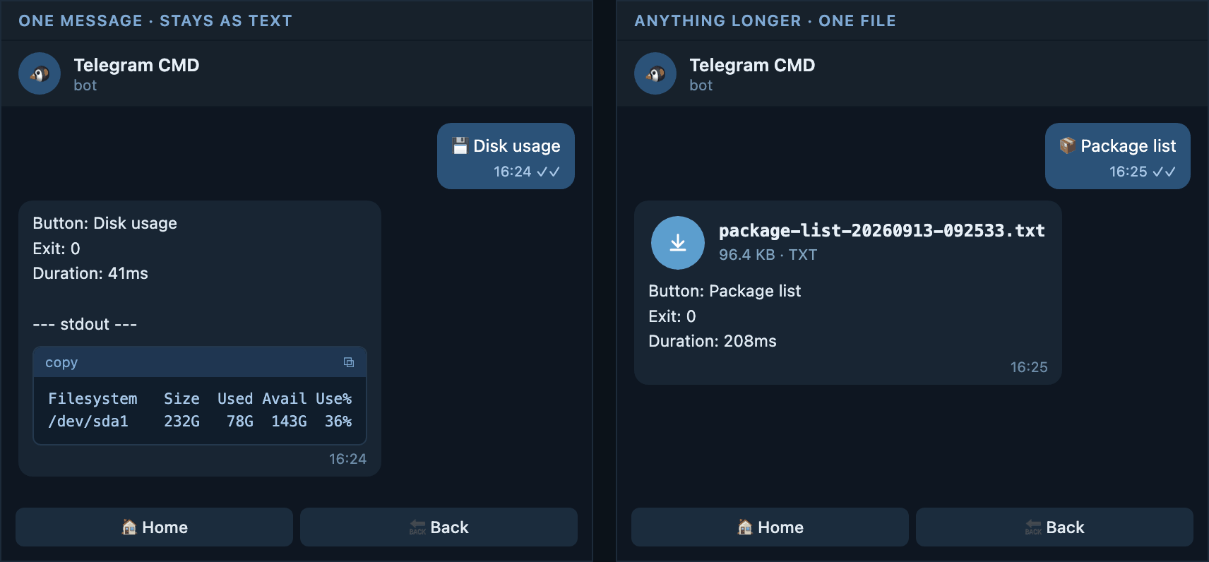 A short result as a message next to a longer one as a file