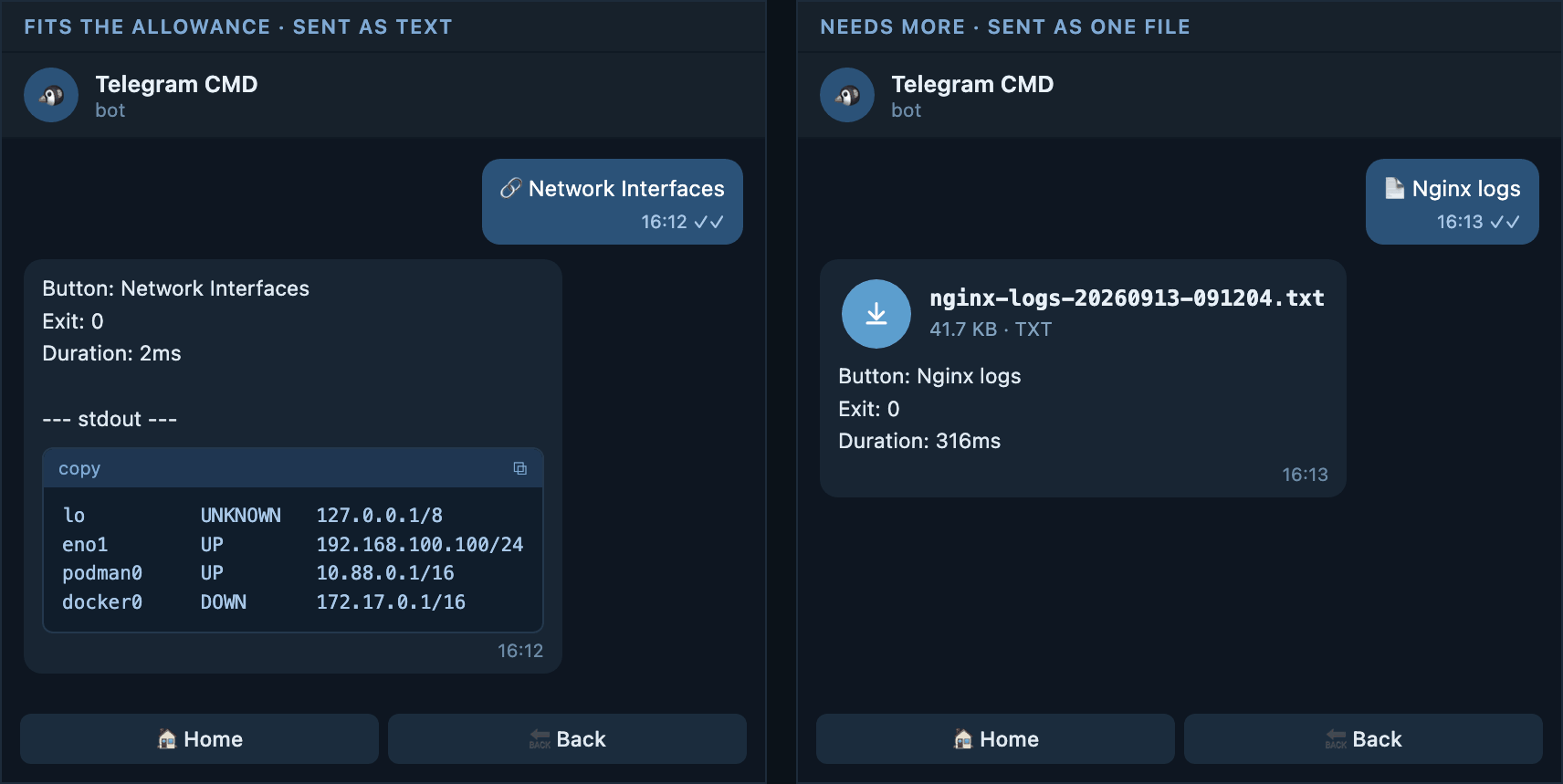 Auto mode keeps short output as text and sends longer output as a file