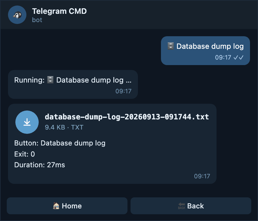 A database dump log delivered as a Telegram file