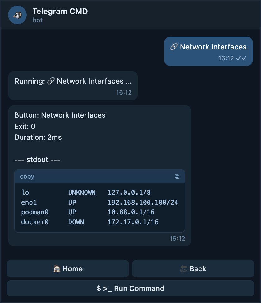 A command result delivered as Telegram messages