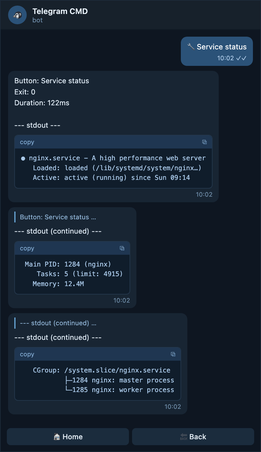 A long status split into three Telegram messages