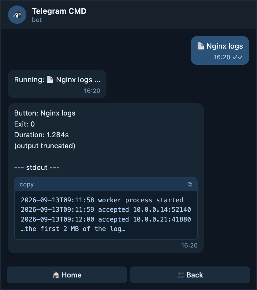 A Telegram result that says output truncated
