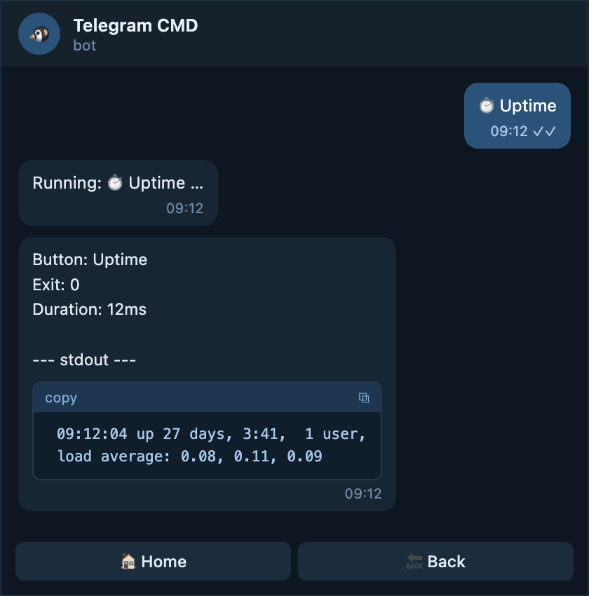 Uptime returned as one Telegram message